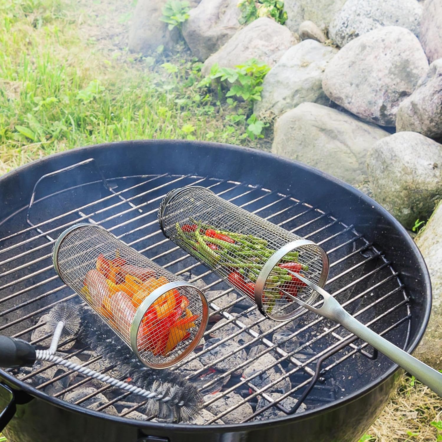 中古　美品　バーベキュー用グリルバスケット　バスケット 3個セット Amazon.co.jp: ステンレス製円筒型BBQバスケット 再利用可能な丸型